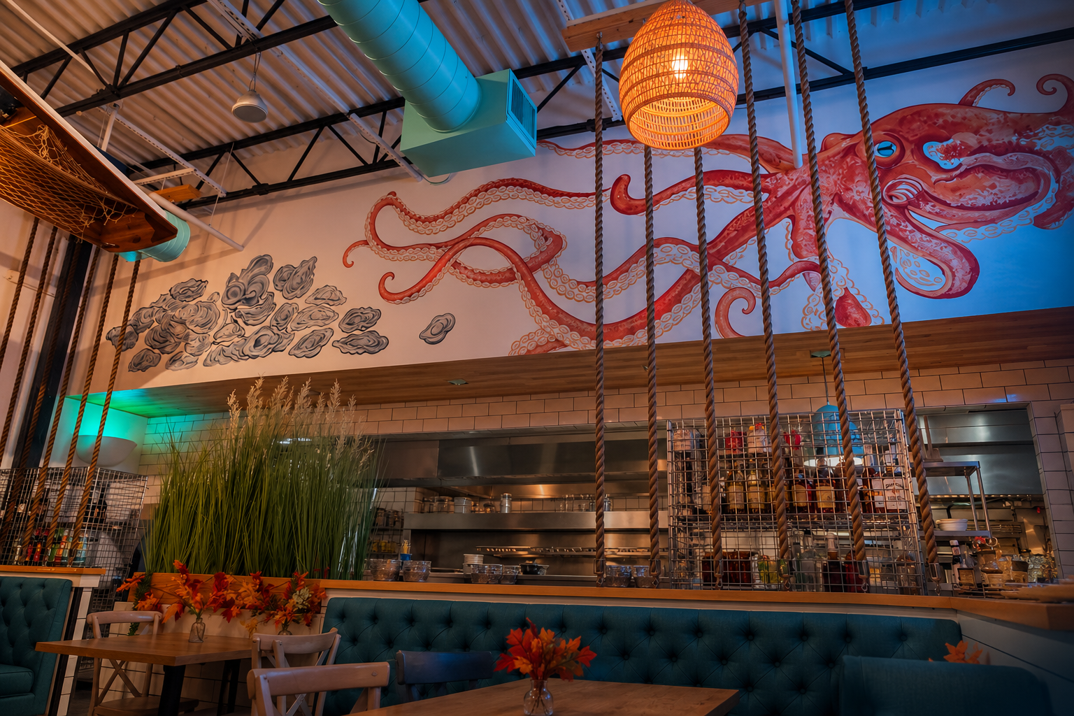 Seaside restaurant octopus mural with woven pendant lighting